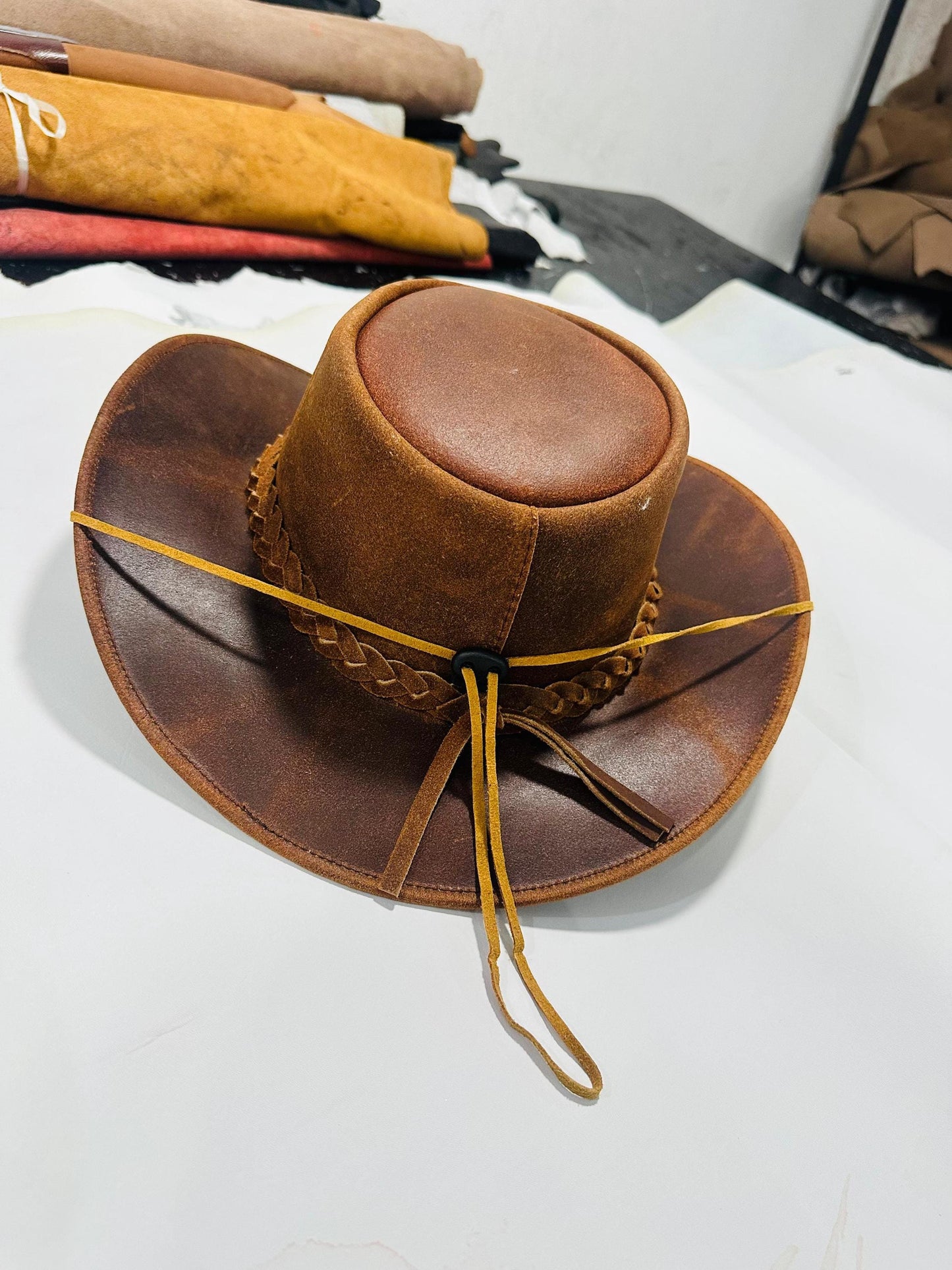 Handmade Vintage Leather Cowboy Hat – Western Outback Style with Braided Band