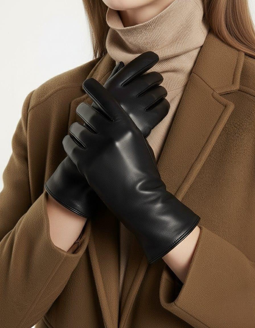 Luxury Black Sheepskin Leather Gloves: Women's Classic Warm Driving Gloves