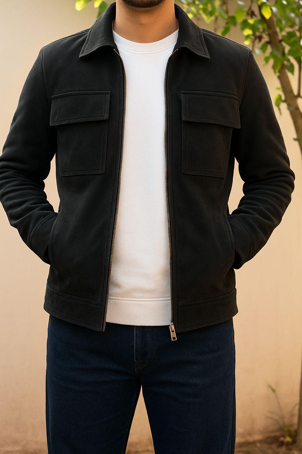 Olive Green Nubuck Leather Jacket: Men's Military Style Outerwear