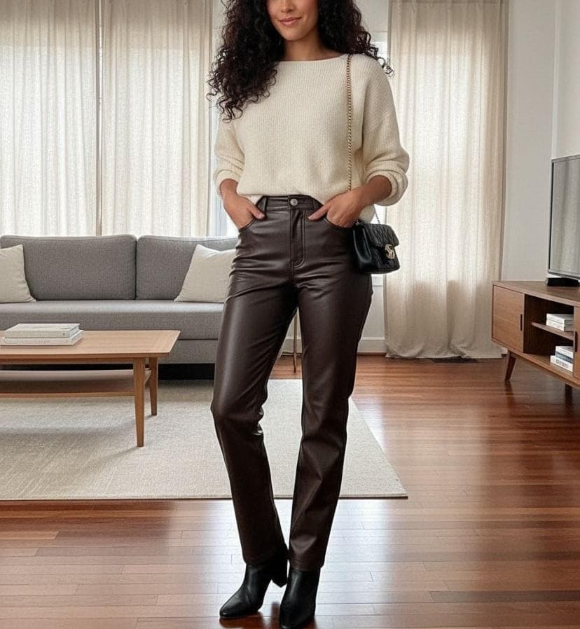High-Waist Brown Leather Pants: Genuine Cow Leather Trousers