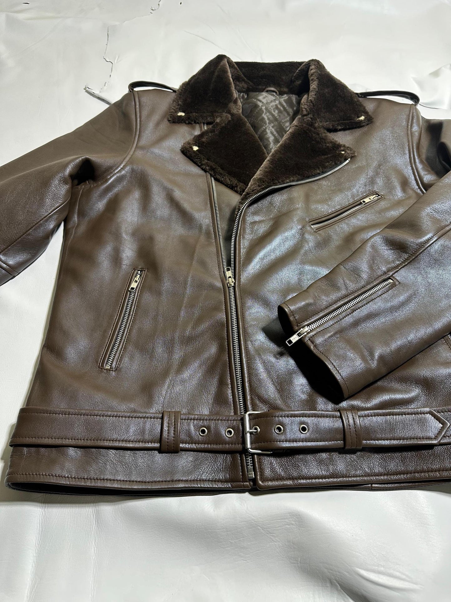 Handmade Brown Leather Motorcycle Jacket: Unisex Fur Collar