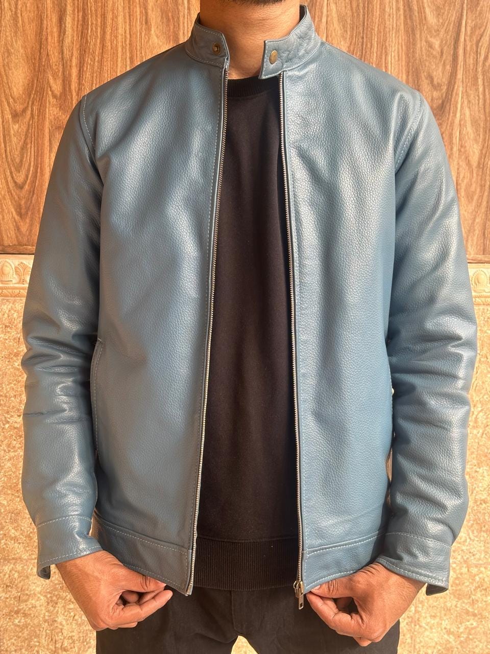 Blue Cow Leather Jacket: Modern Fitted Design