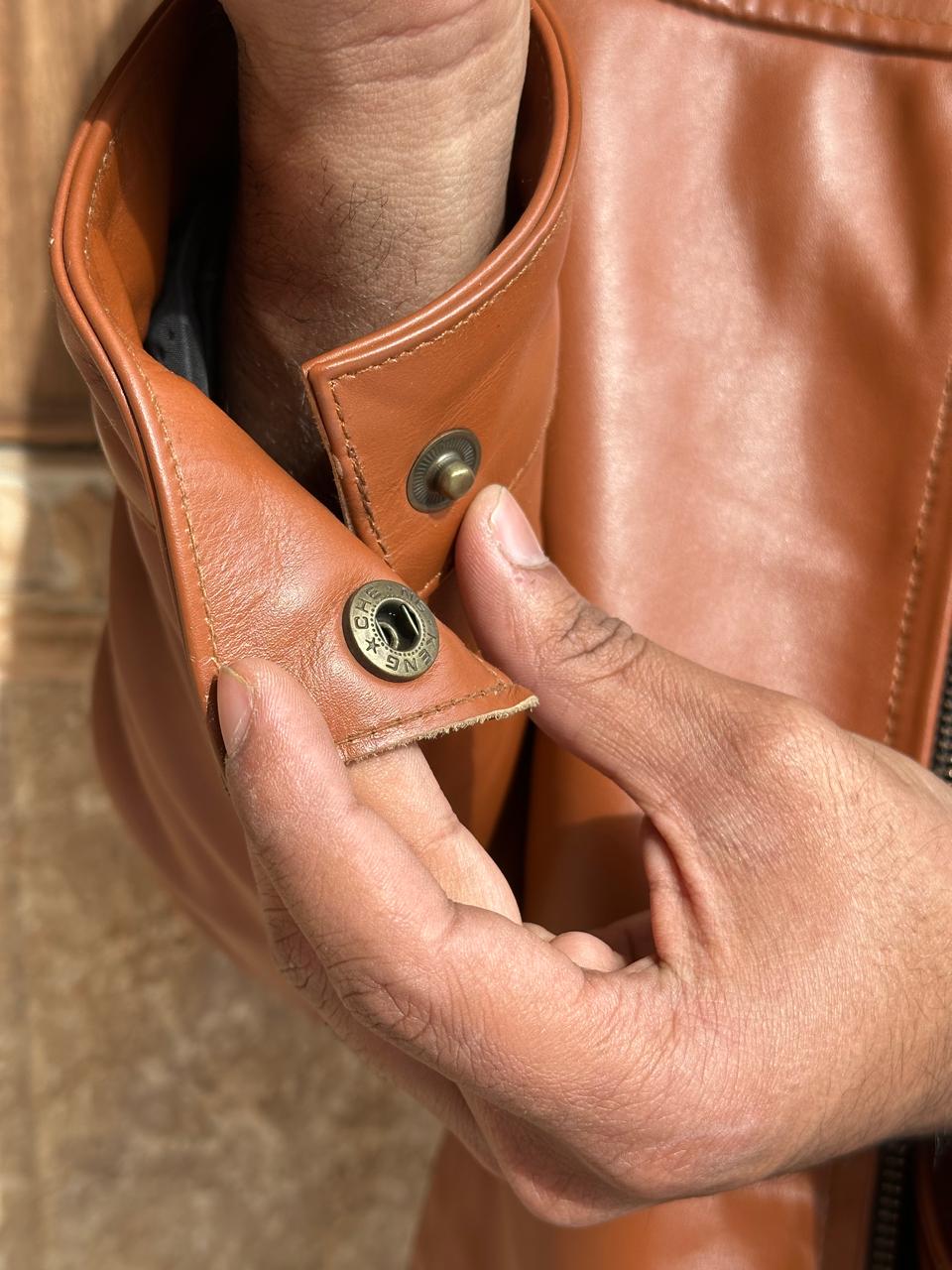 Camel Cow Leather Jacket: Modern Fitted Design