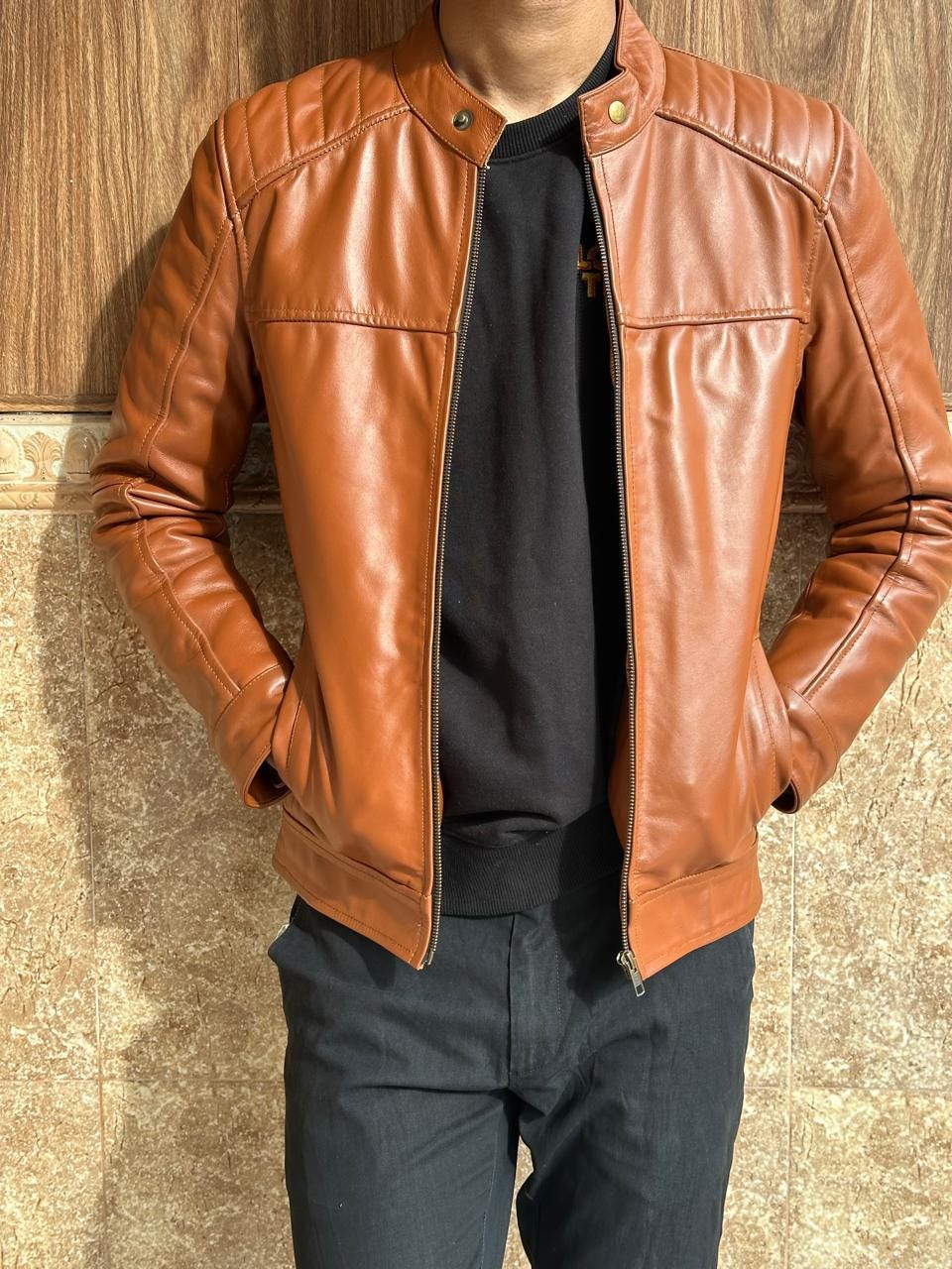 Camel Cow Leather Jacket: Modern Fitted Design