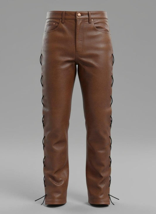 Handmade Cowhide Leather Pants with Side Laces – 100% Genuine Leather
