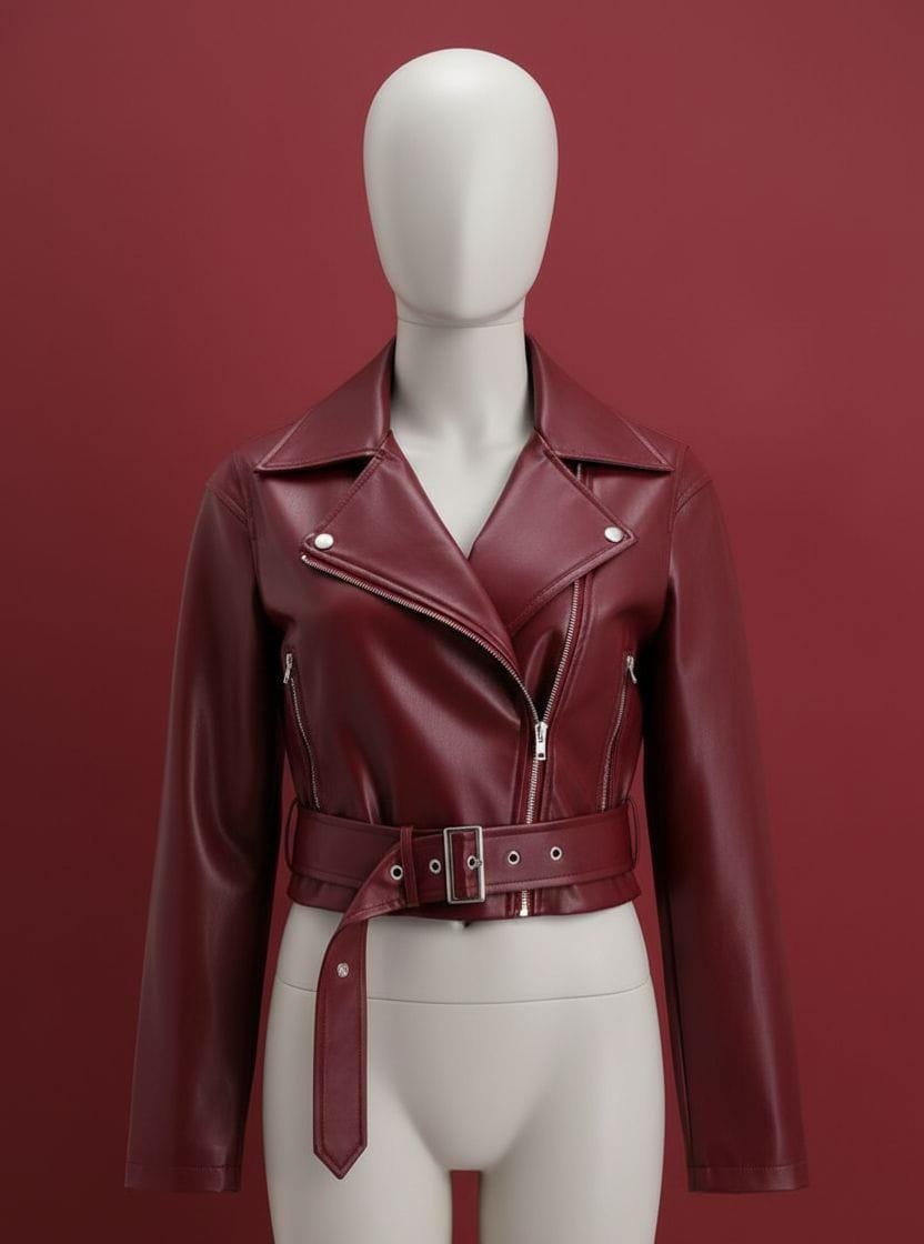 Maroon Leather Biker Jacket: Women's Cropped Moto Coat with Belt