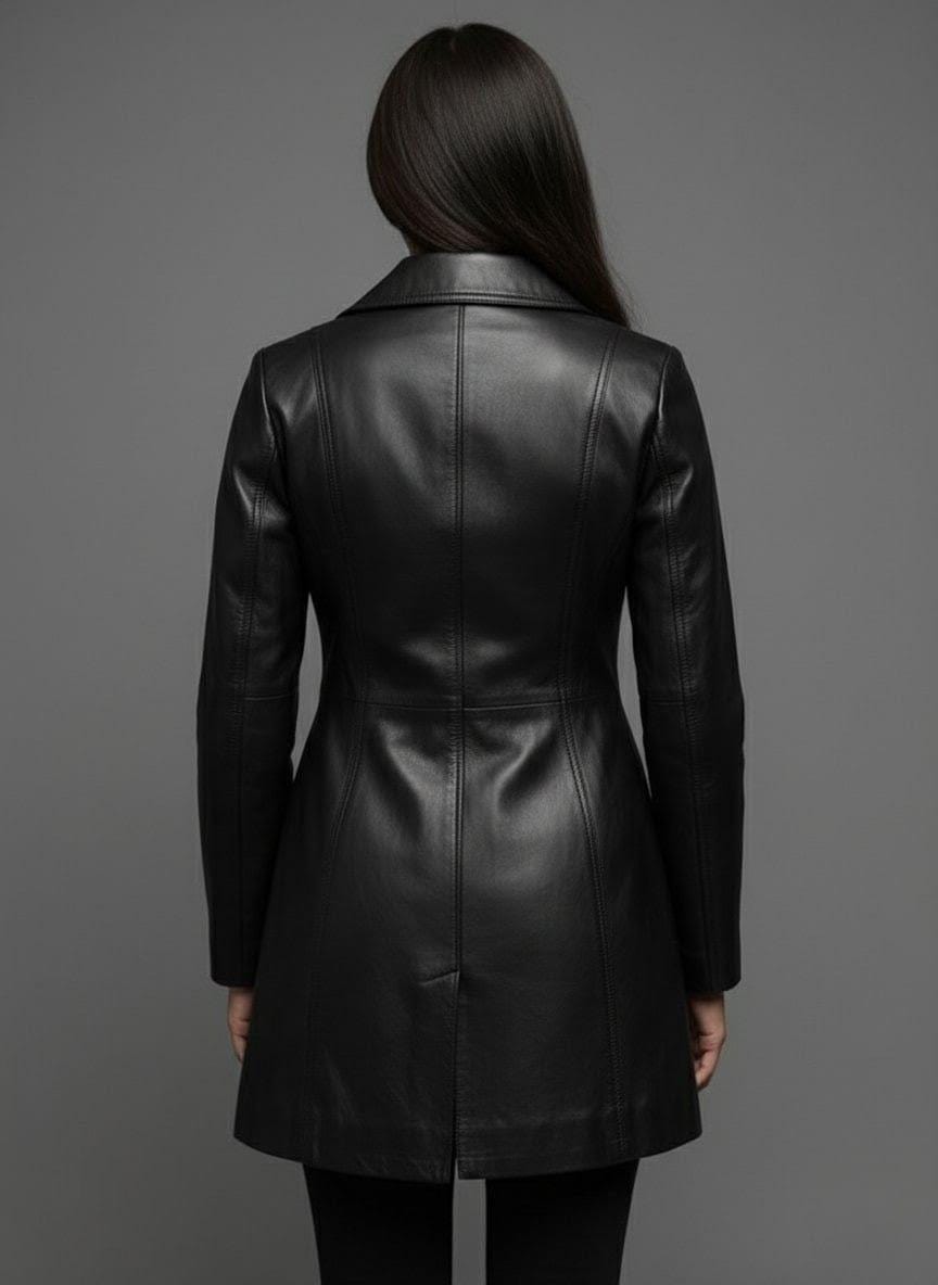 Handmade Black Cow Leather Trench Coat - Elegant Winter Overcoat