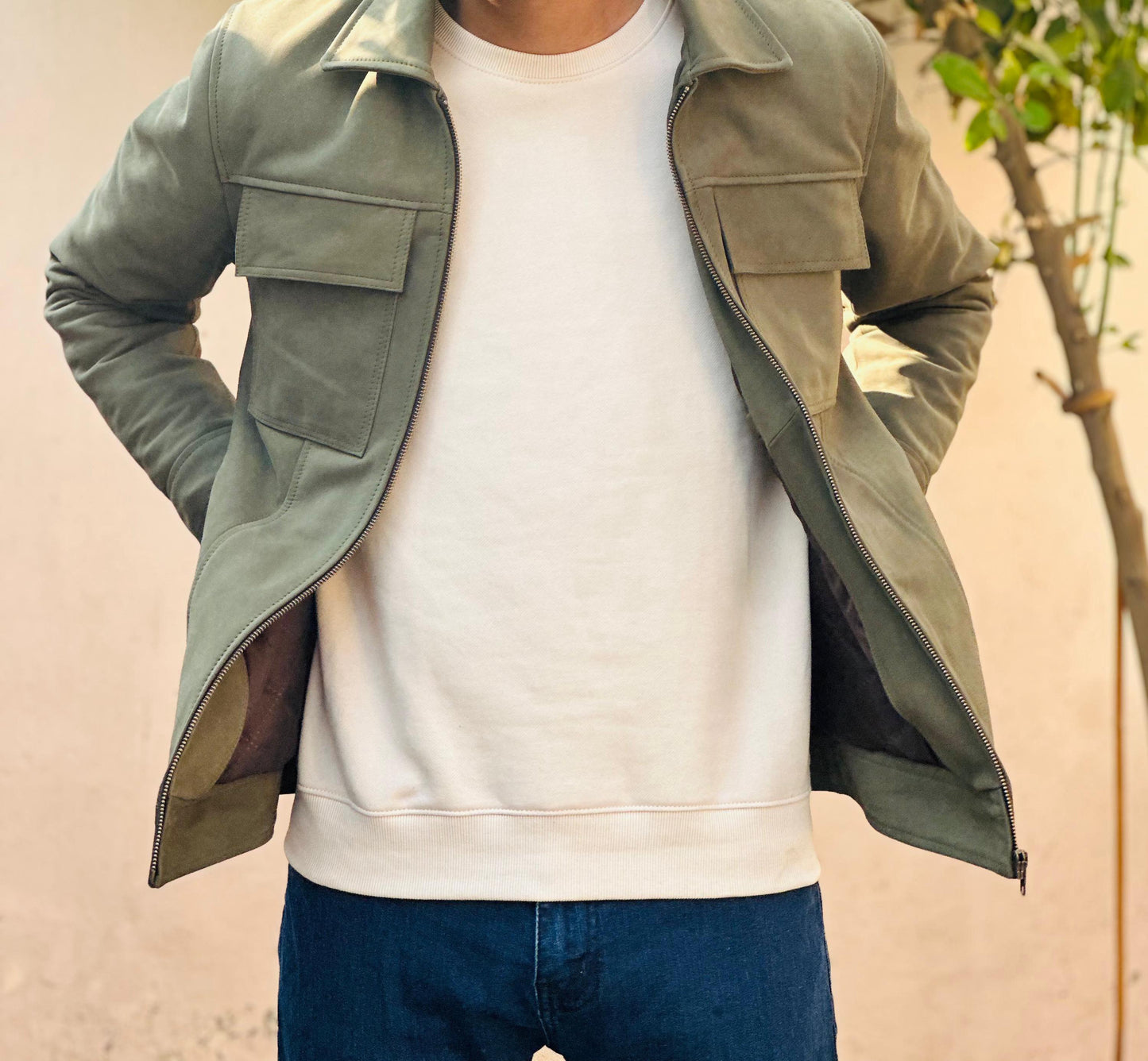 Olive Green Nubuck Leather Jacket: Men's Military Style Outerwear