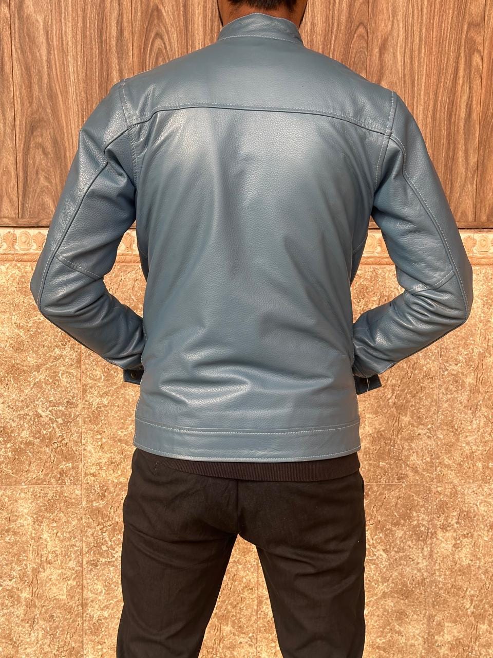 Blue Cow Leather Jacket: Modern Fitted Design