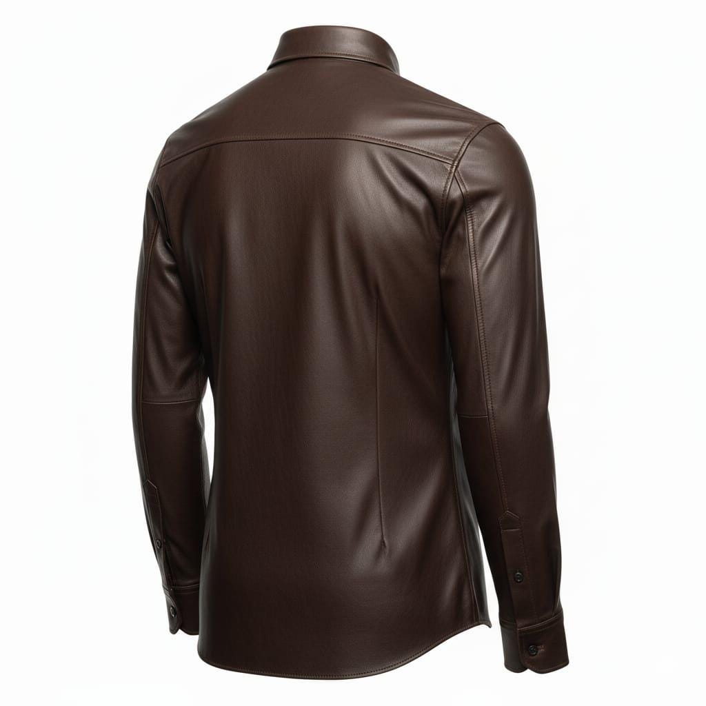 Men's Brown Leather Button-Up Shirt: Stylish Long Sleeve