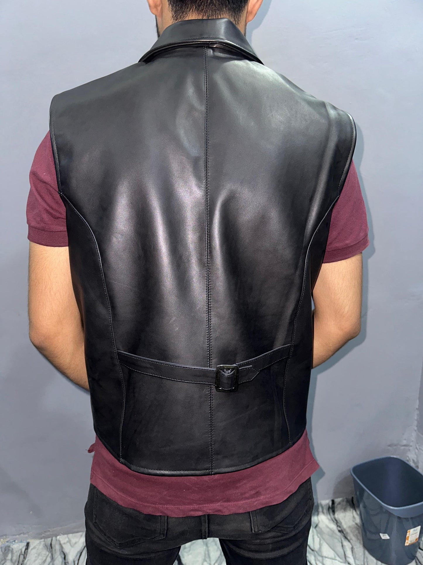 Handmade Cowhide Leather Vest: Classic Black Biker Waistcoat