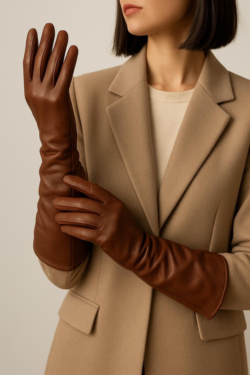 Long Brown Sheepskin Leather Gloves: Elegant Opera Length