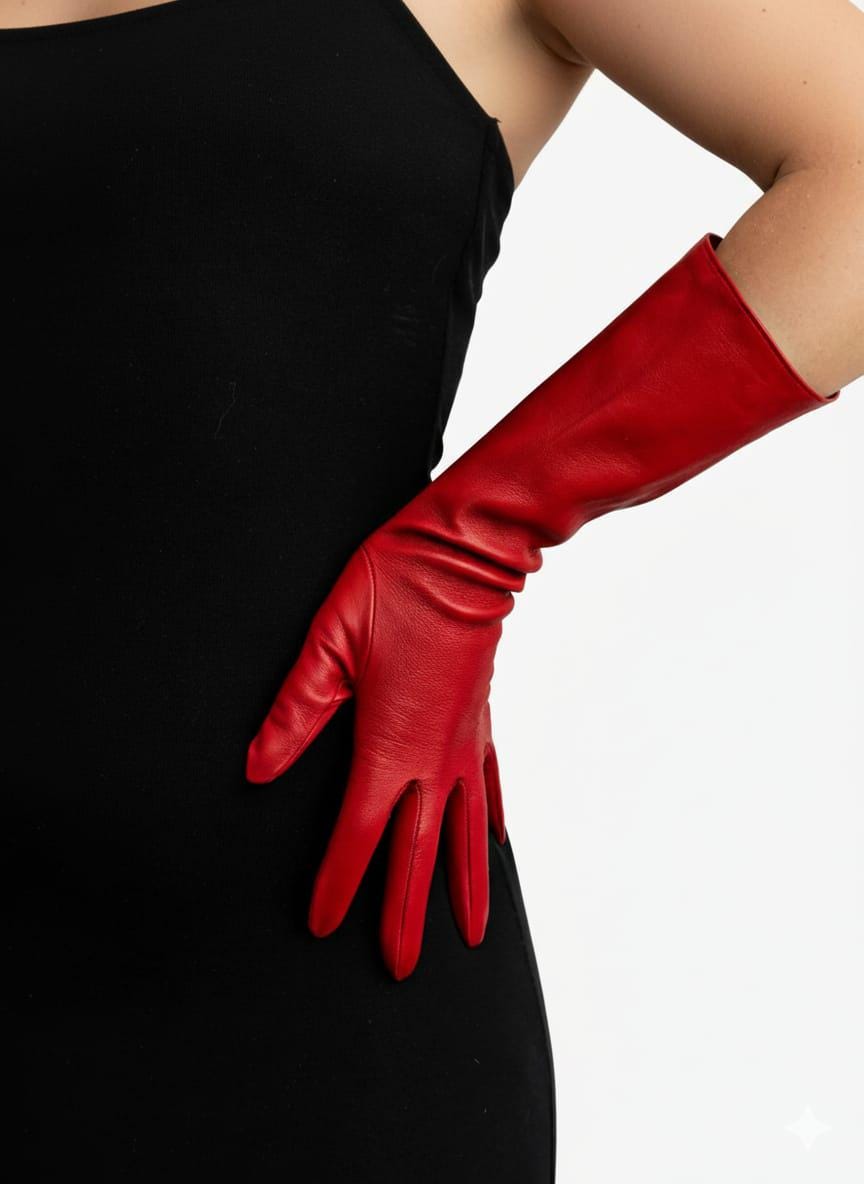 Luxury Women’s Long Red Leather Opera Gloves – Elegant Evening Party Dress Gloves