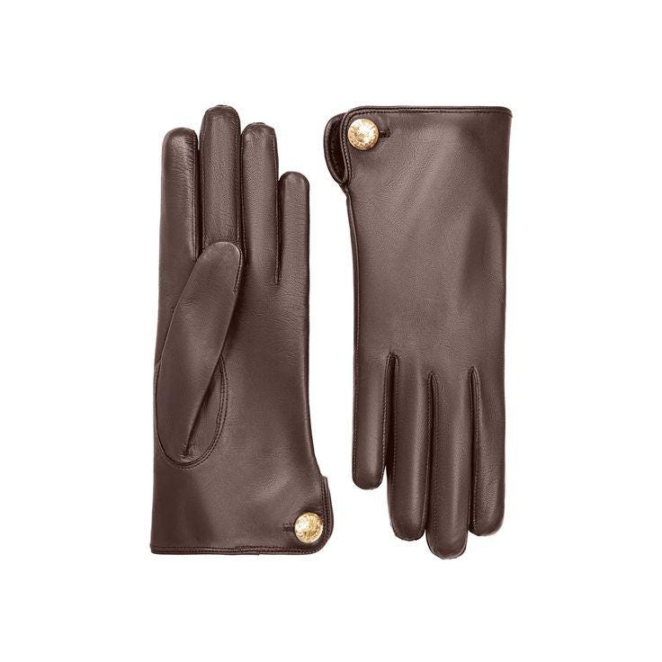 Women’s Dark Brown Sheep Nappa Leather Gloves | Soft Driving Gloves with Gold Button