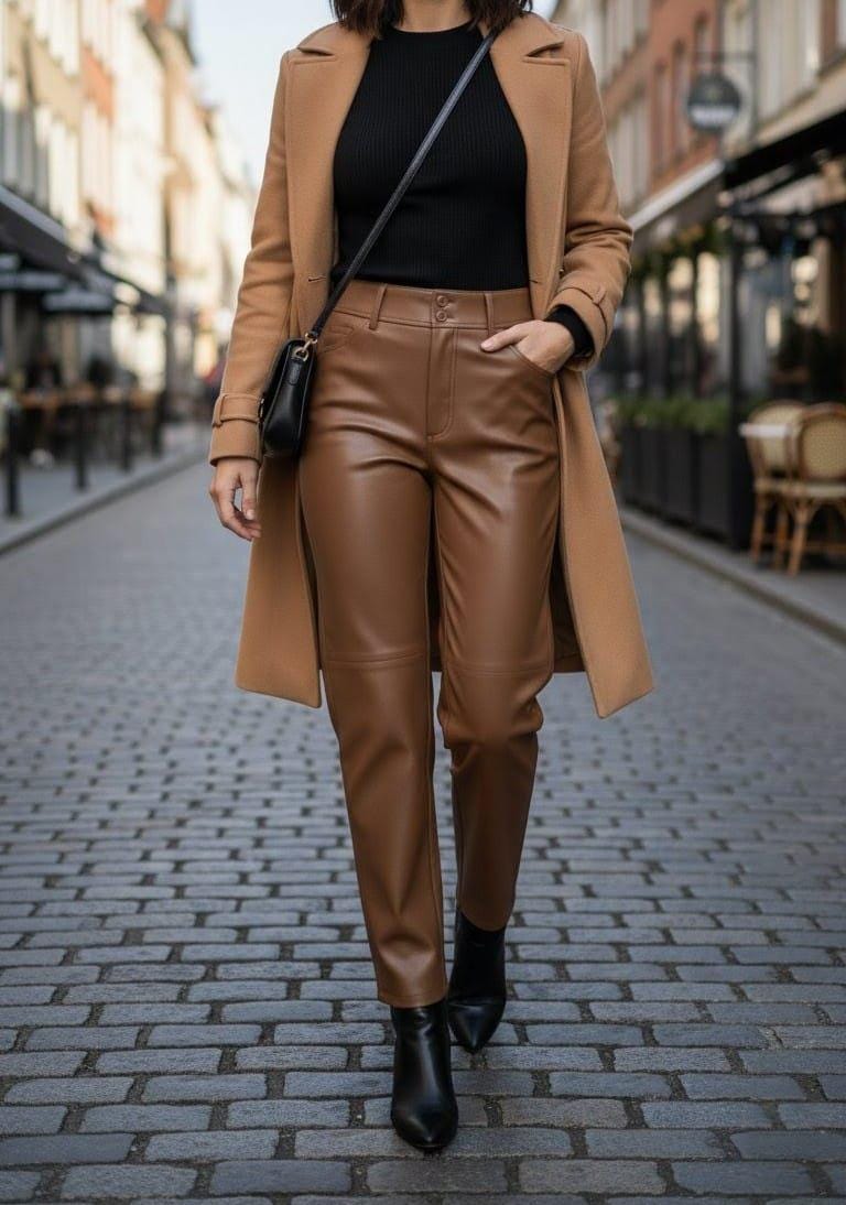 Handmade Brown Leather Pants: High Waist Straight Leg Genuine Leather Trousers