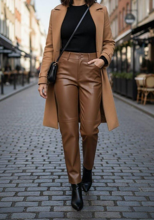 Handmade Brown Leather Pants: High Waist Straight Leg Genuine Leather Trousers