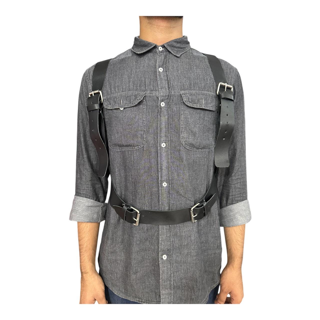 Handmade Black Leather Harness: Buckled Utility Strap, Cosplay Accessory