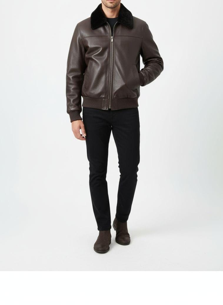 Handmade Brown Cowhide Leather Bomber Jacket: Shearling Aviator Style