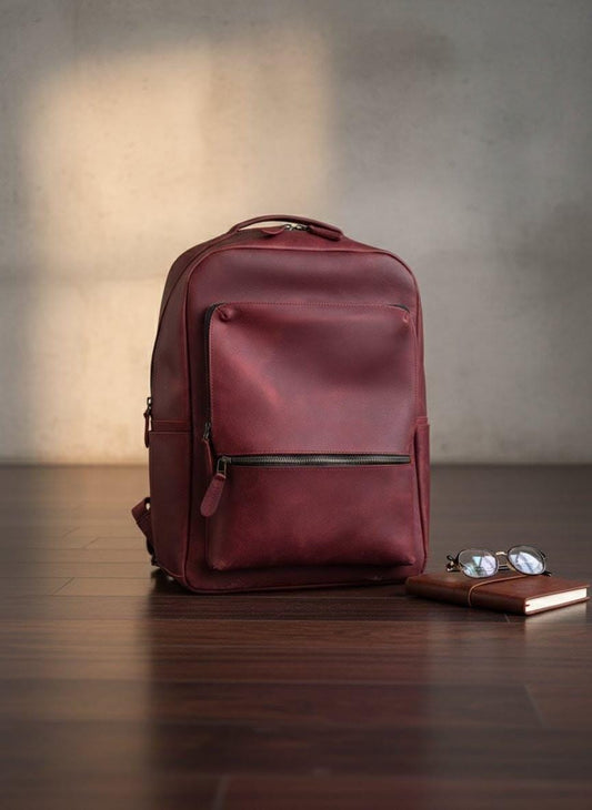 Handmade Burgundy Leather Laptop Backpack: Unisex Travel Rucksack
