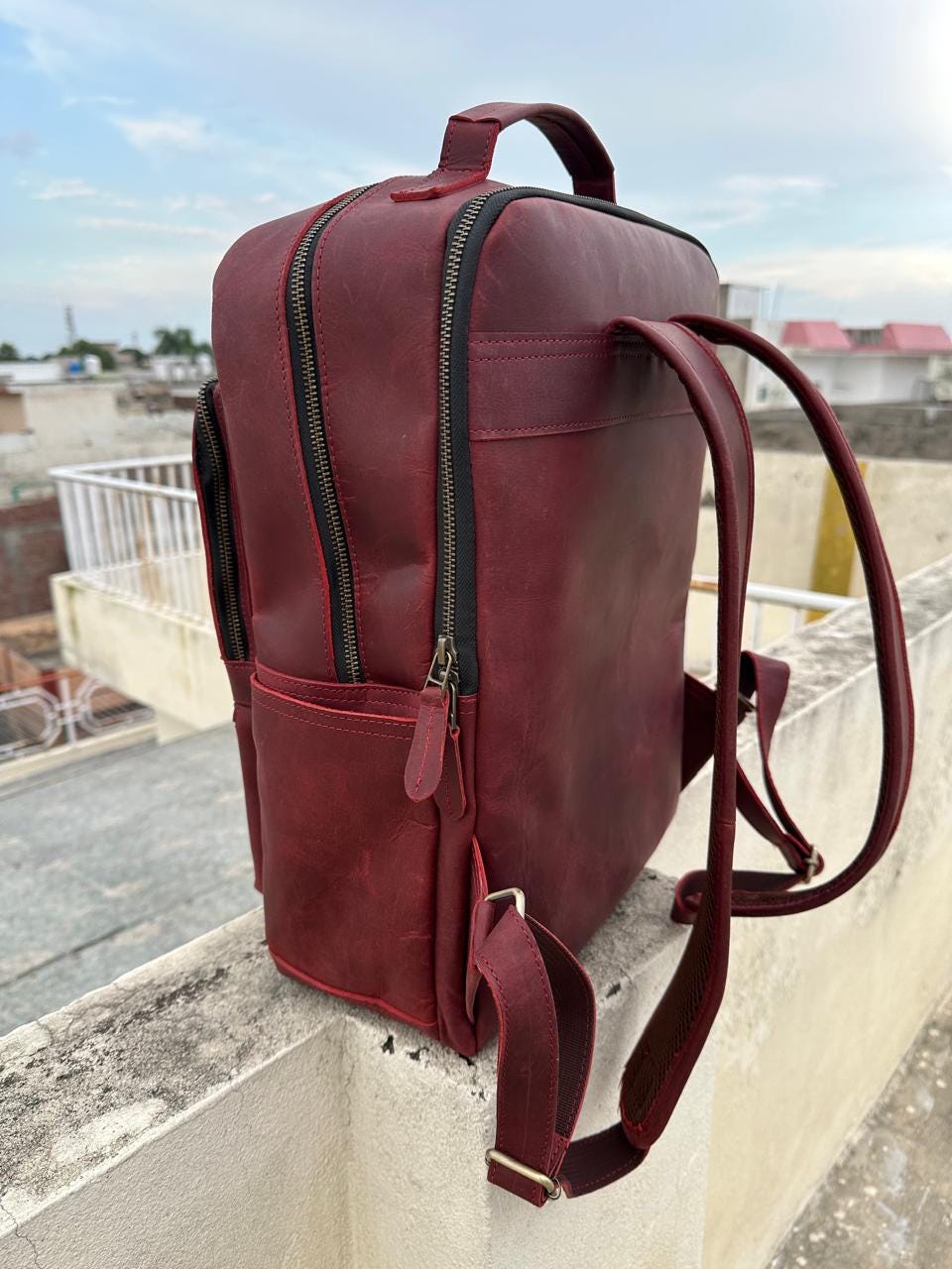 Handmade Burgundy Leather Laptop Backpack: Unisex Travel Rucksack