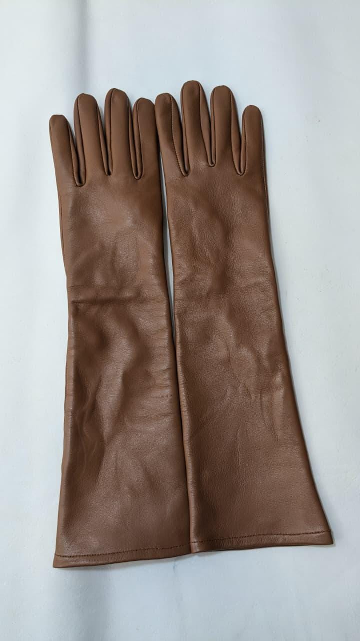 Long Brown Sheepskin Leather Gloves: Elegant Opera Length