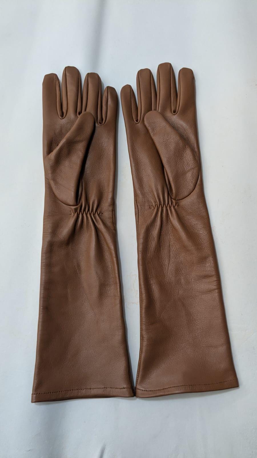 Long Brown Sheepskin Leather Gloves: Elegant Opera Length