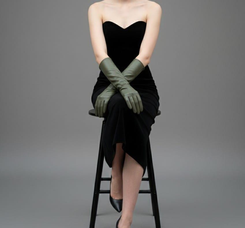 Olive Green Sheep Leather Long Opera Gloves | Elegant Evening Gloves