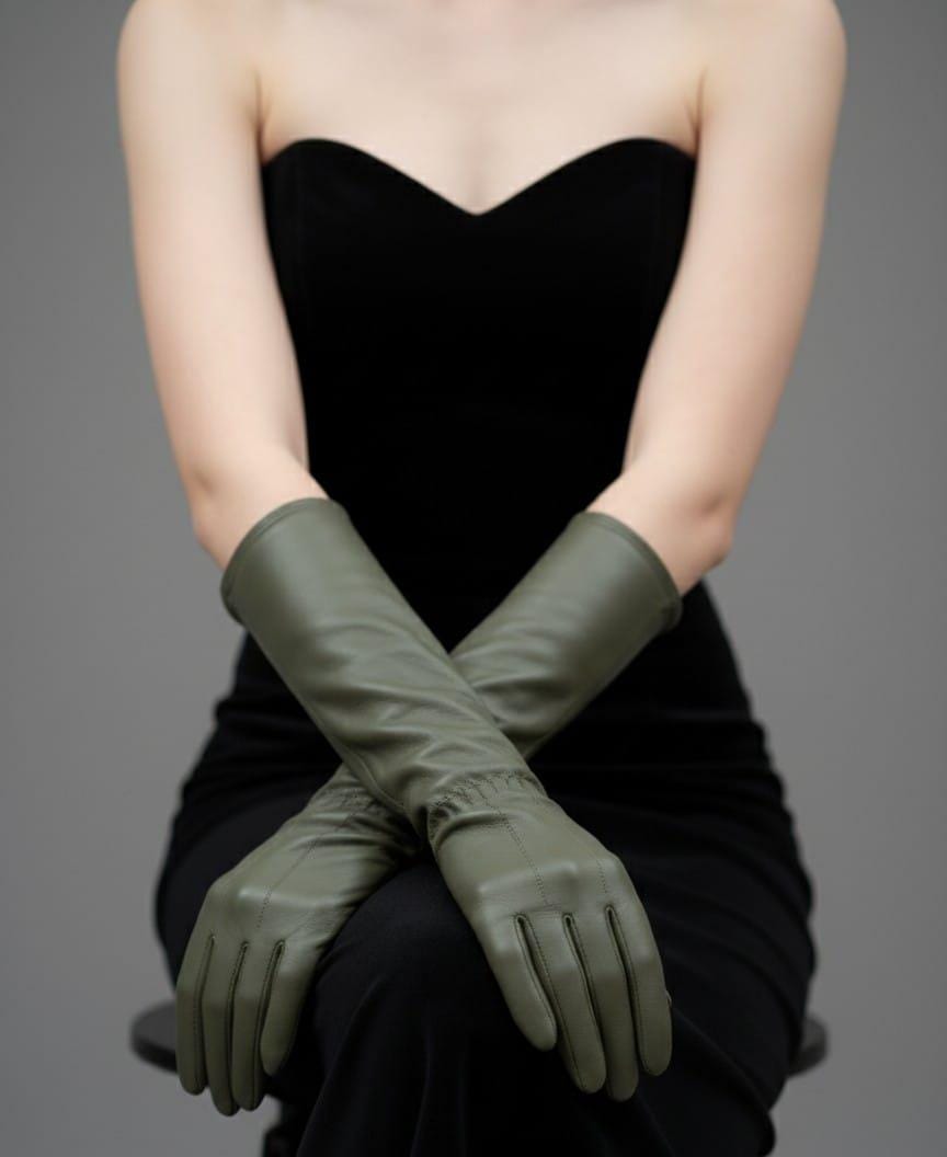 Olive Green Sheep Leather Long Opera Gloves | Elegant Evening Gloves