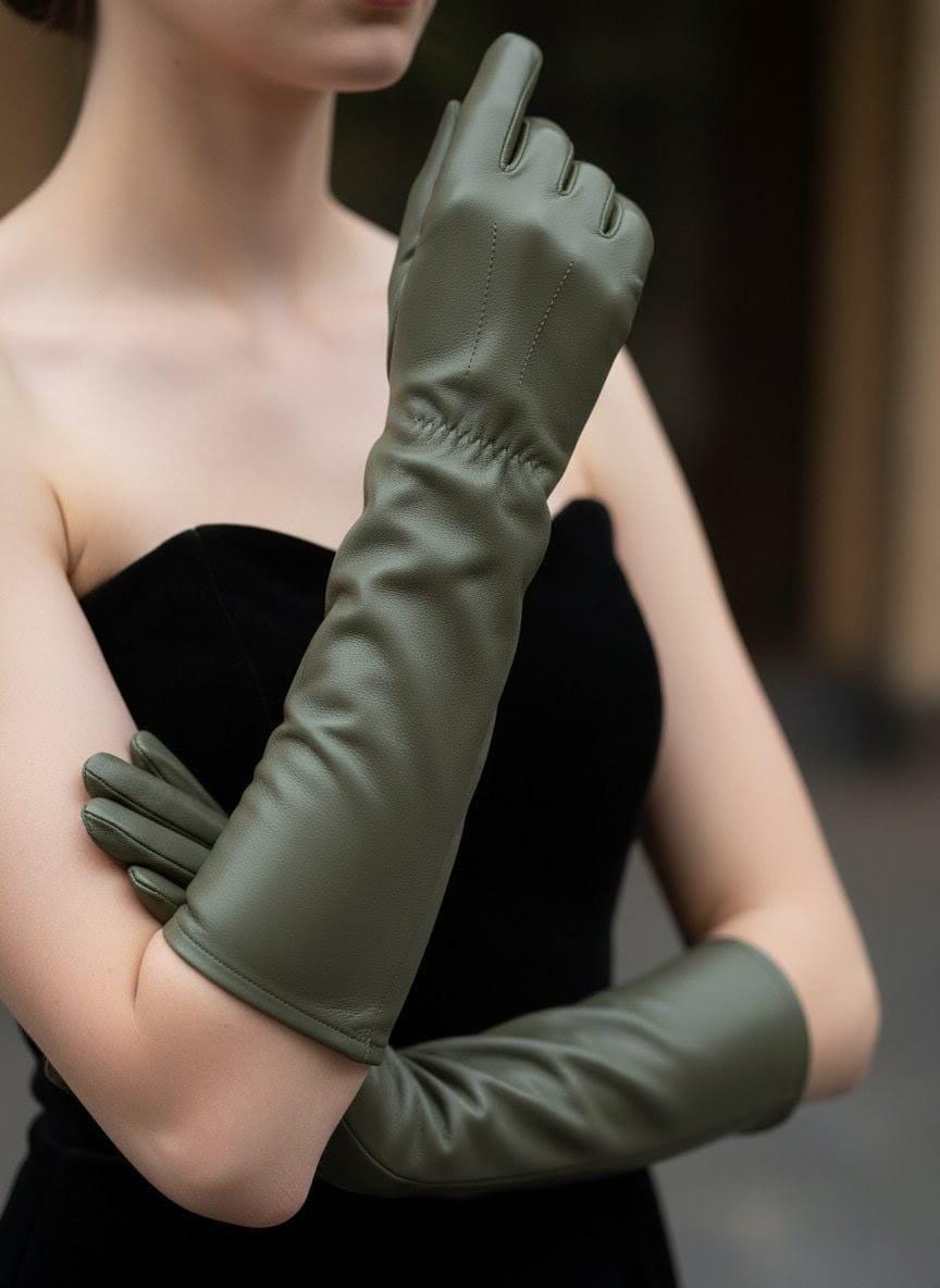 Olive Green Sheep Leather Long Opera Gloves | Elegant Evening Gloves