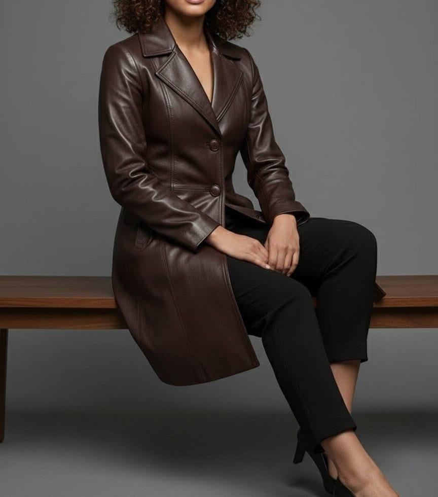 Handmade Brown Leather Trench Coat: Genuine Cowhide Long Jacket