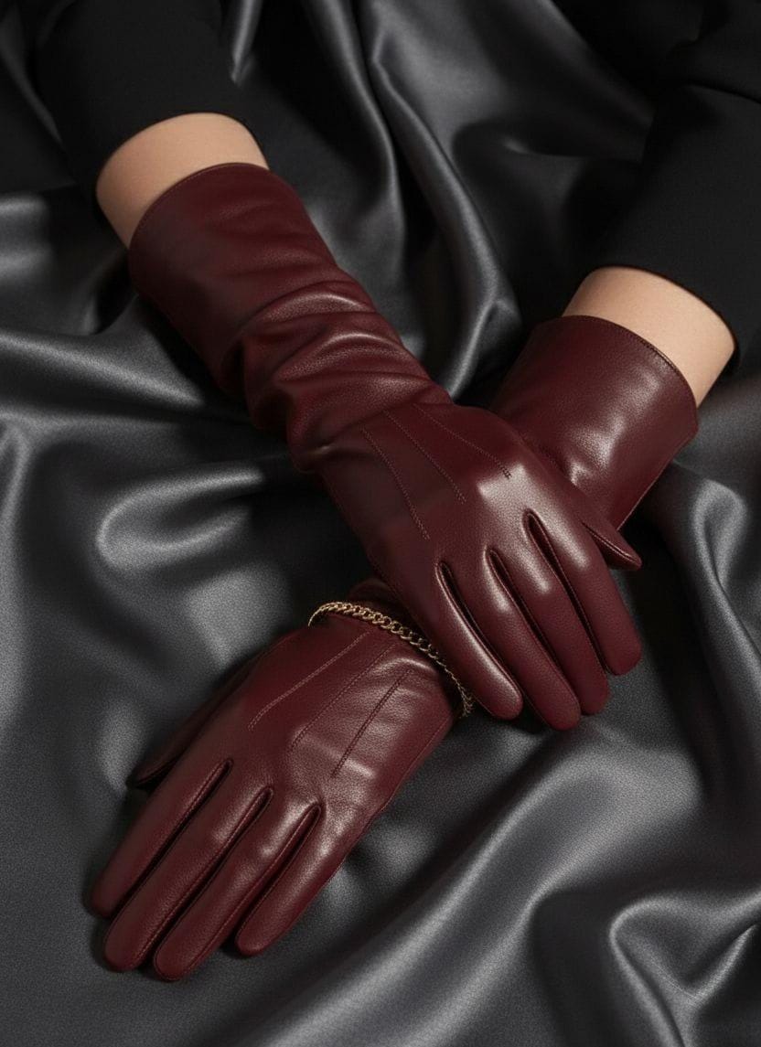 Luxury Long Burgundy Leather Gloves for Women – Elegant Genuine Sheep Leather Winter Gloves – Soft Lined, Opera Length, Timeless Gift Idea