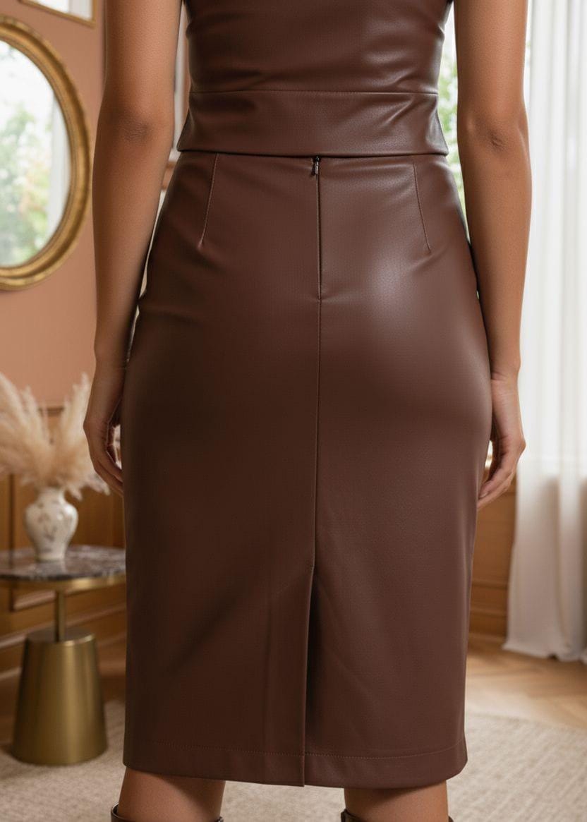 Brown Lamb Leather Midi Skirt: High Slit Pencil Skirt