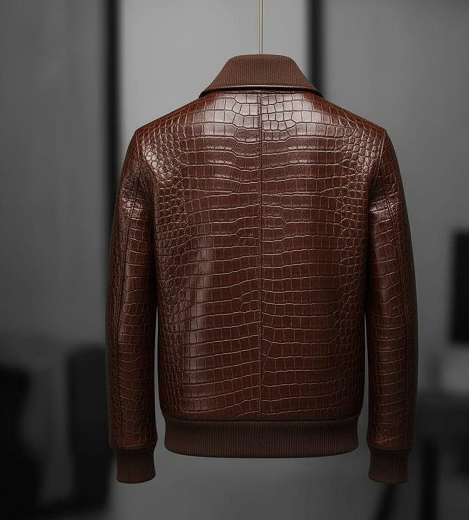 Men's Crocodile Embossed Leather Bomber Jacket: Genuine Cowhide