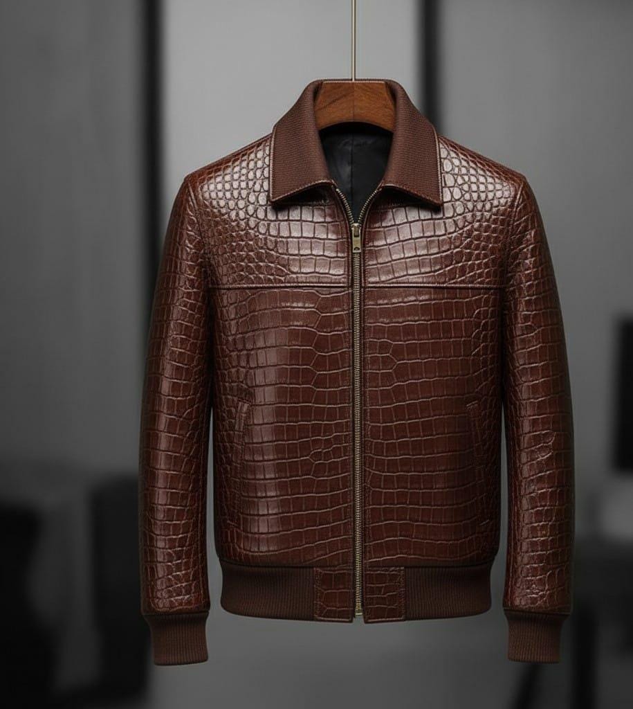 Men's Crocodile Embossed Leather Bomber Jacket: Genuine Cowhide