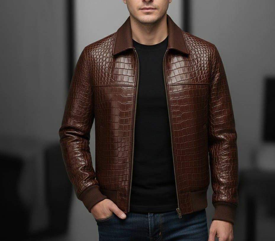 Men's Crocodile Embossed Leather Bomber Jacket: Genuine Cowhide