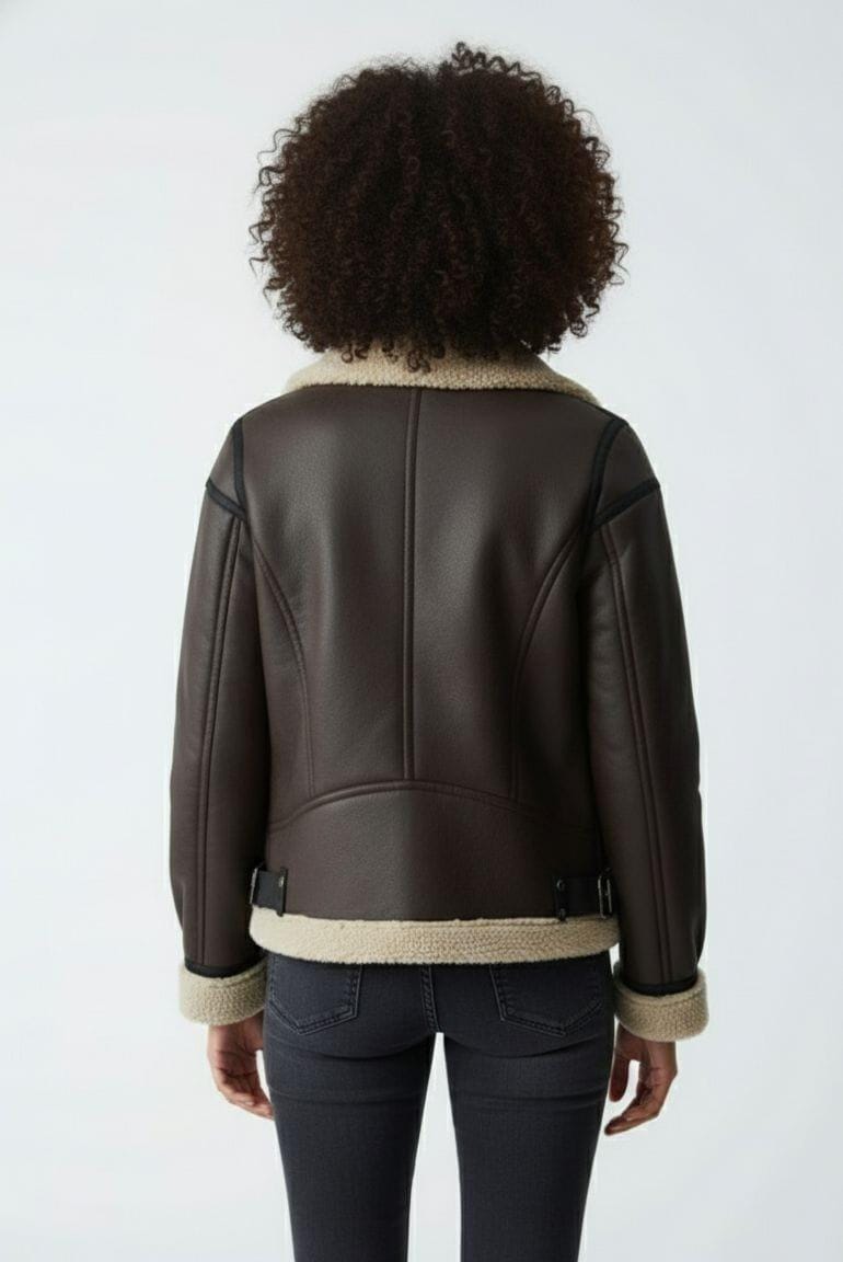 Women's Cow Leather Shearling Biker Jacket: Handmade Moto Coat