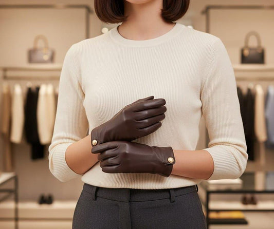 Women’s Dark Brown Sheep Nappa Leather Gloves | Soft Driving Gloves with Gold Button