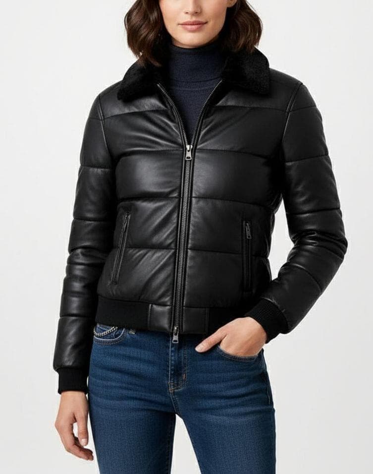 Handmade Brown Leather Bomber Jacket: Women's Puffer with Faux Fur Collar