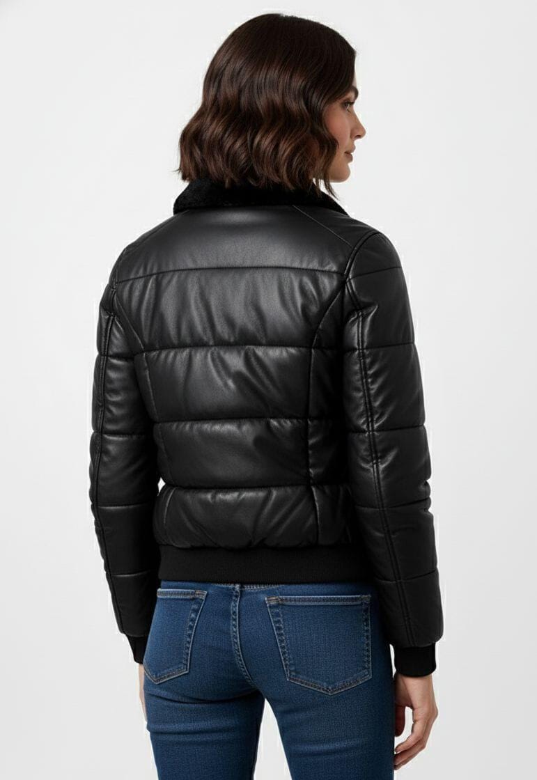 Handmade Brown Leather Bomber Jacket: Women's Puffer with Faux Fur Collar