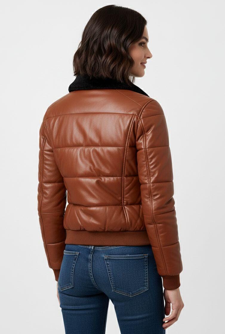 Handmade Brown Leather Bomber Jacket: Women's Puffer with Faux Fur Collar