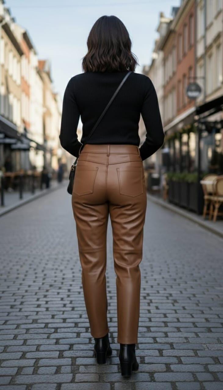 Handmade Brown Leather Pants: High Waist Straight Leg Genuine Leather Trousers