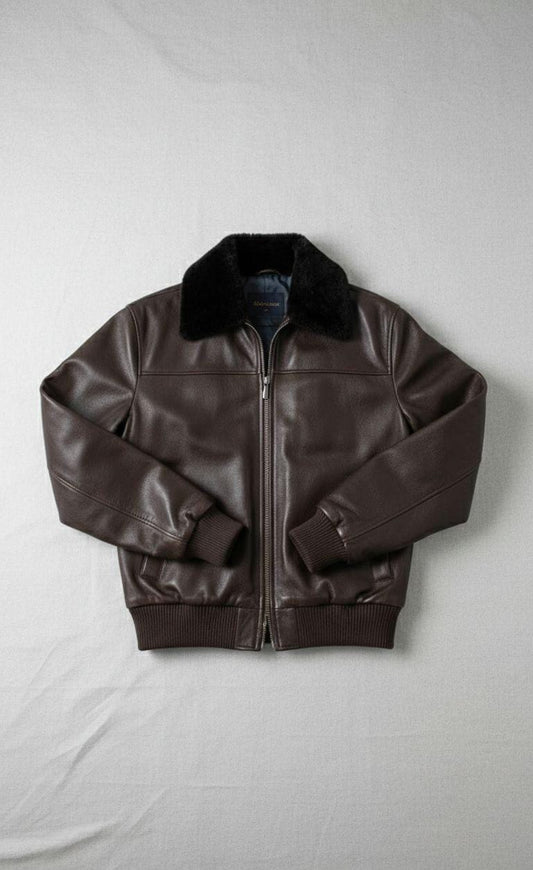 Handmade Brown Cowhide Leather Bomber Jacket: Shearling Aviator Style