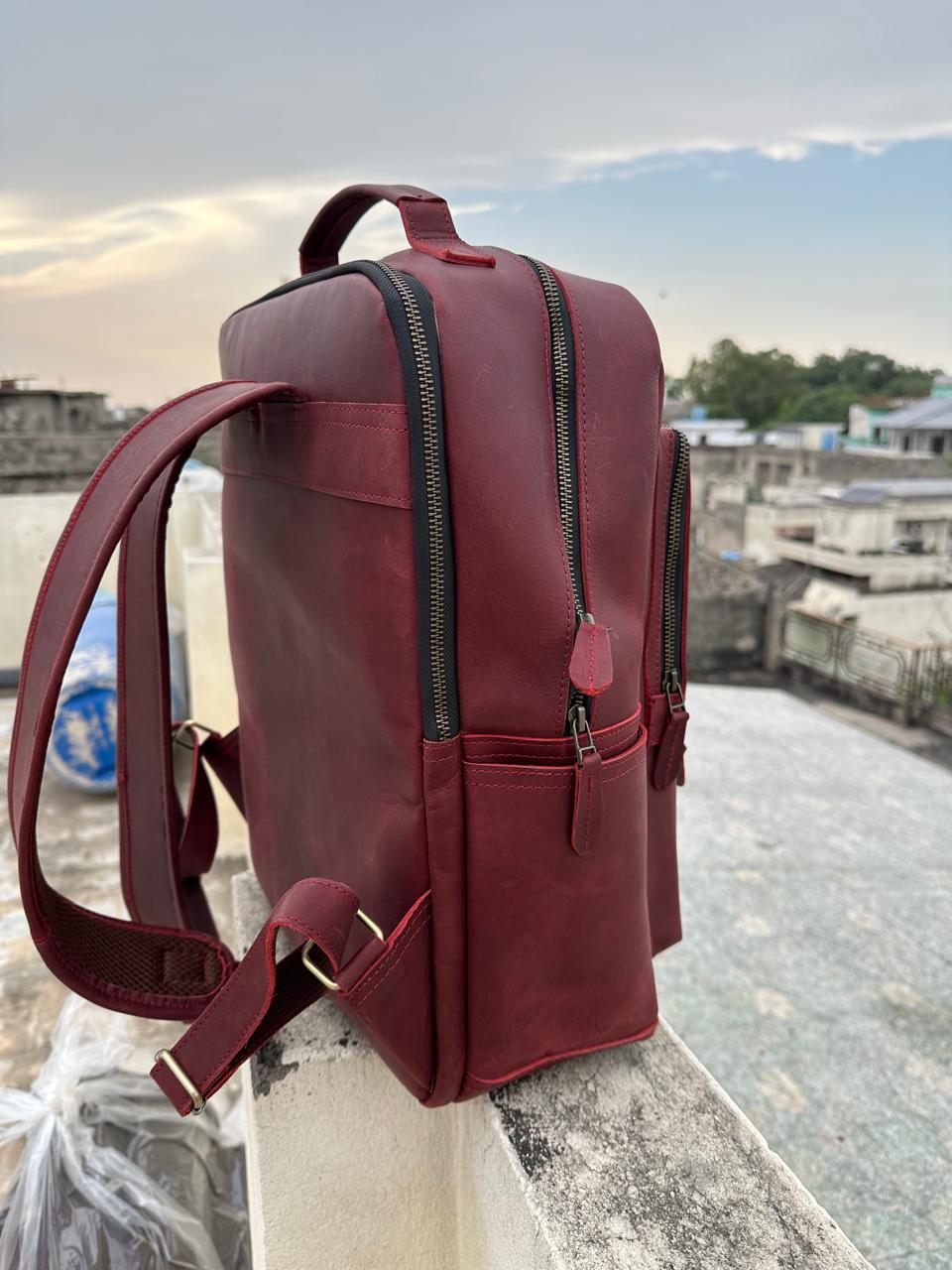 Handmade Burgundy Leather Laptop Backpack: Unisex Travel Rucksack