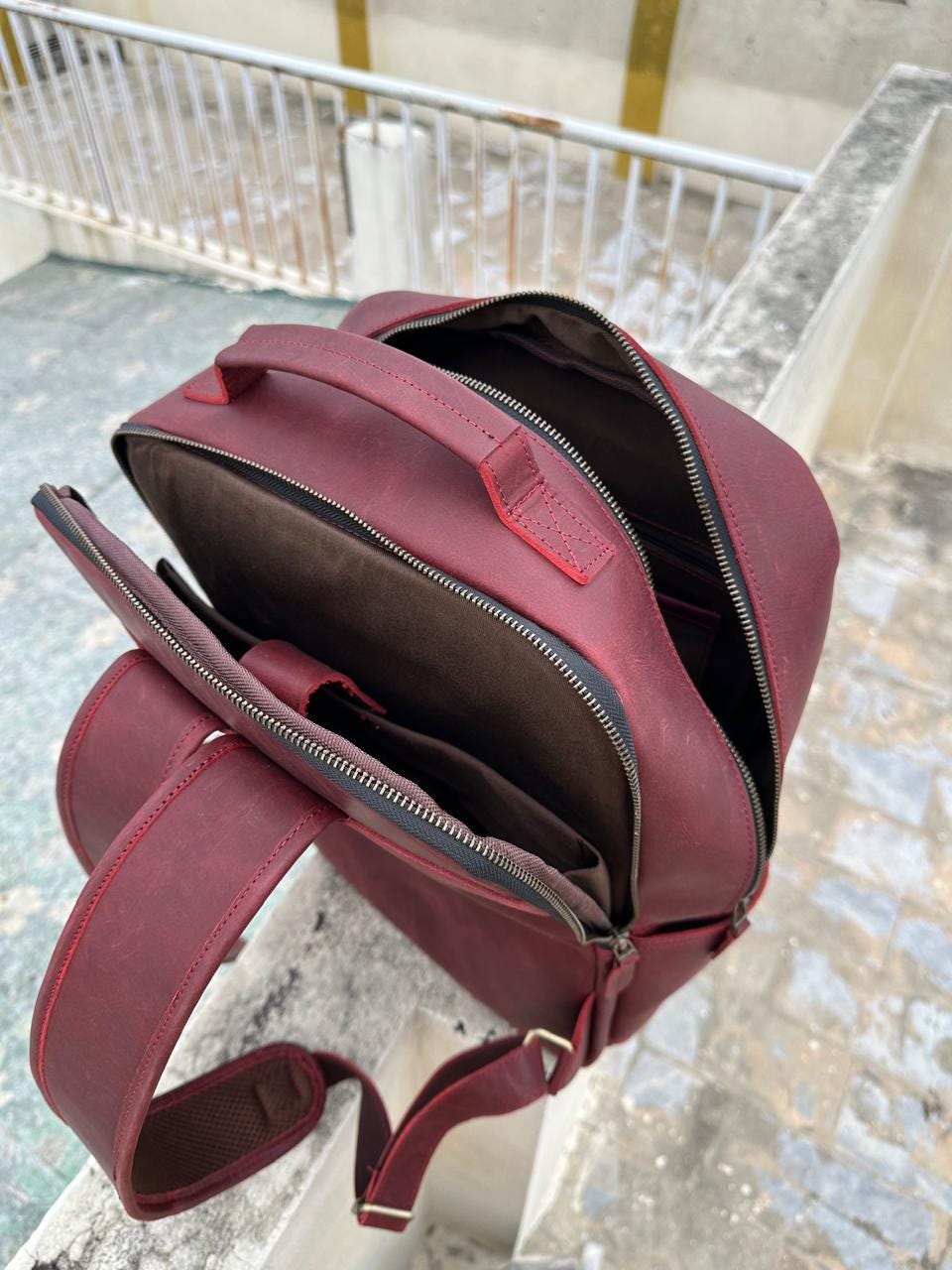 Handmade Burgundy Leather Laptop Backpack: Unisex Travel Rucksack