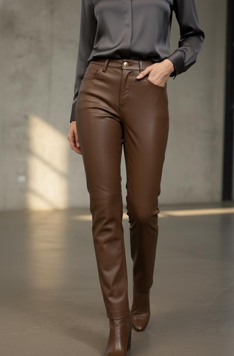 Handcrafted Brown Cow Leather Pants: Straight Fit Real Leather Trousers