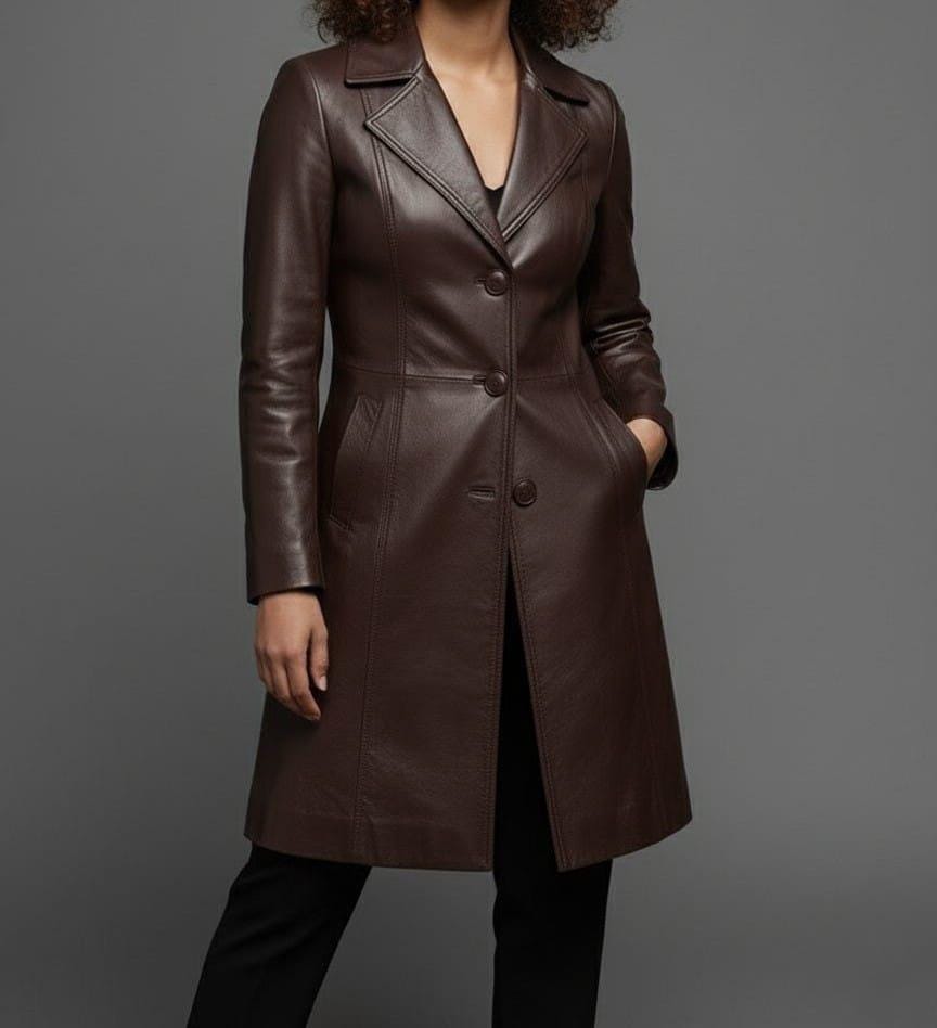Handmade Brown Leather Trench Coat: Genuine Cowhide Long Jacket