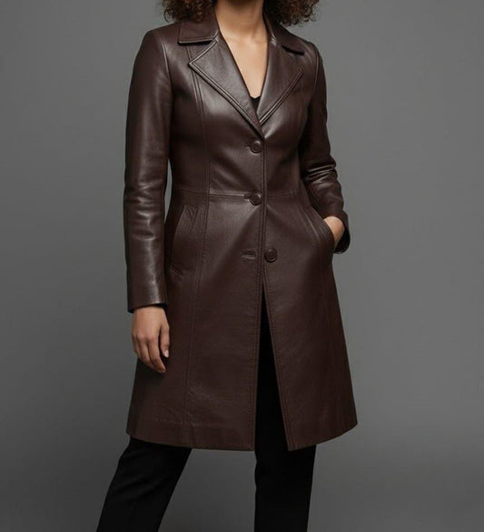 Handmade Brown Leather Trench Coat: Genuine Cowhide Long Jacket