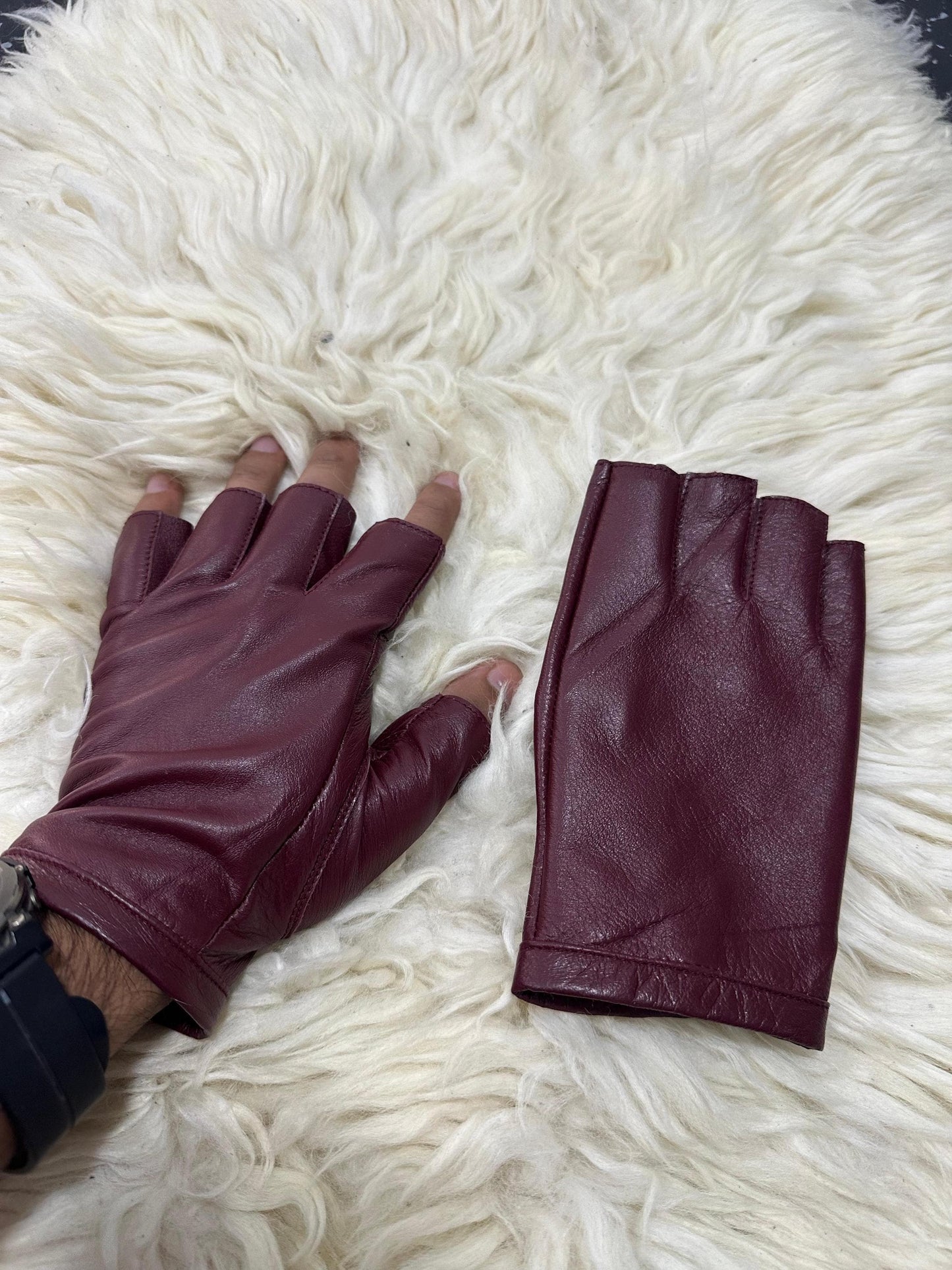 Burgundy Sheep Leather Fingerless Gloves: Women's Driving, Cycling