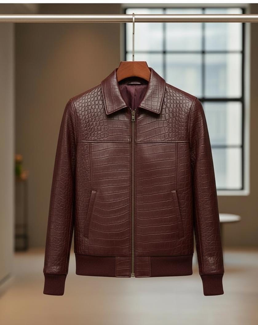 Handmade Crocodile Embossed Genuine Leather Bomber Jacket