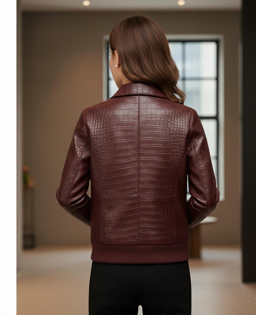 Handmade Crocodile Embossed Genuine Leather Bomber Jacket
